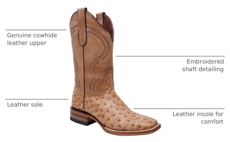 Genuine Leather Ostrich Print Square Toe Western Boots A4024