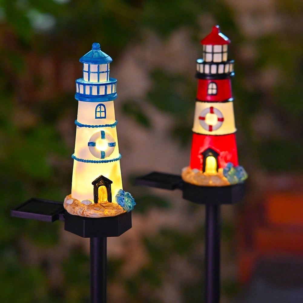 Solar Powered LED Lighthouse Light Outdoor Garden Waterproof Resin Automatic Sensor H5663