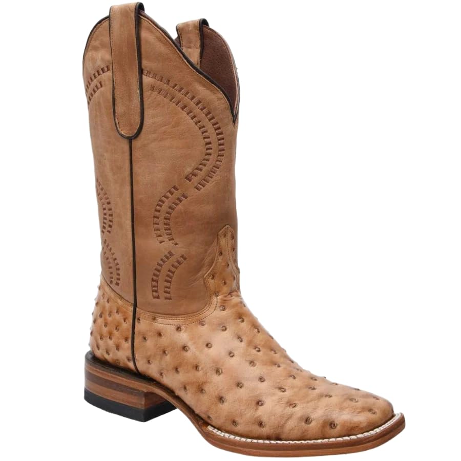 Genuine Leather Ostrich Print Square Toe Western Boots A4024