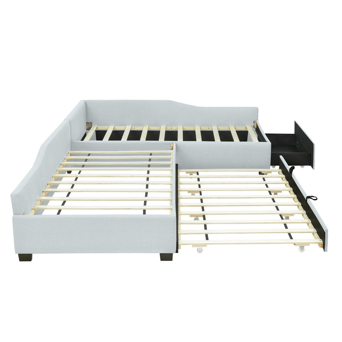 Beige Linen Upholstered Double Twin Size Daybed with Trundle and Drawer W26410