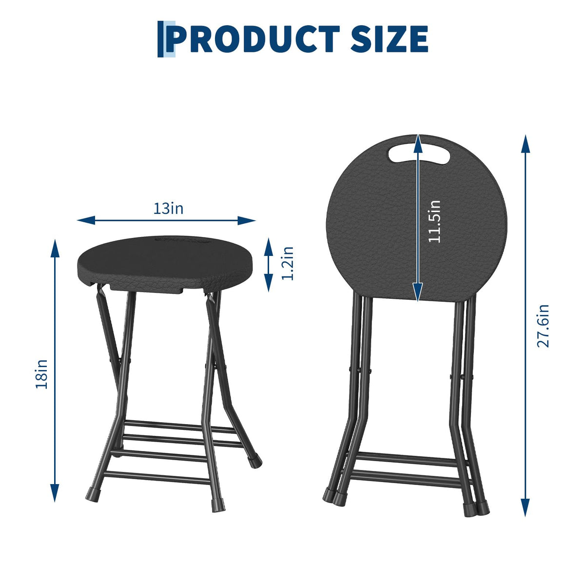 Folding Stool, Backless 18-Inch, Portable with Handle, Anti-Slip Feet, 600Lbs Capacity, Black P2048