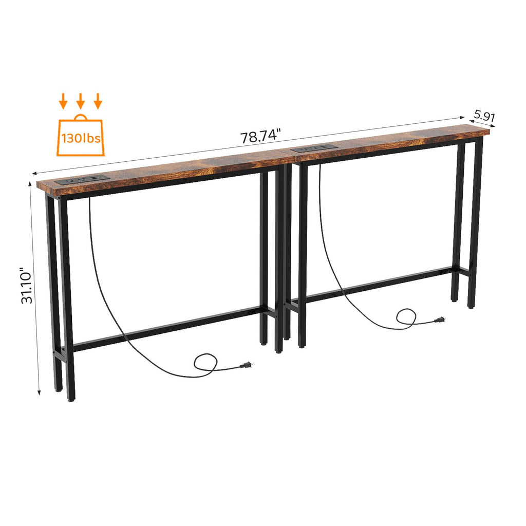Rustic Brown Narrow Console Table with Power Outlet 2 Pack D2944