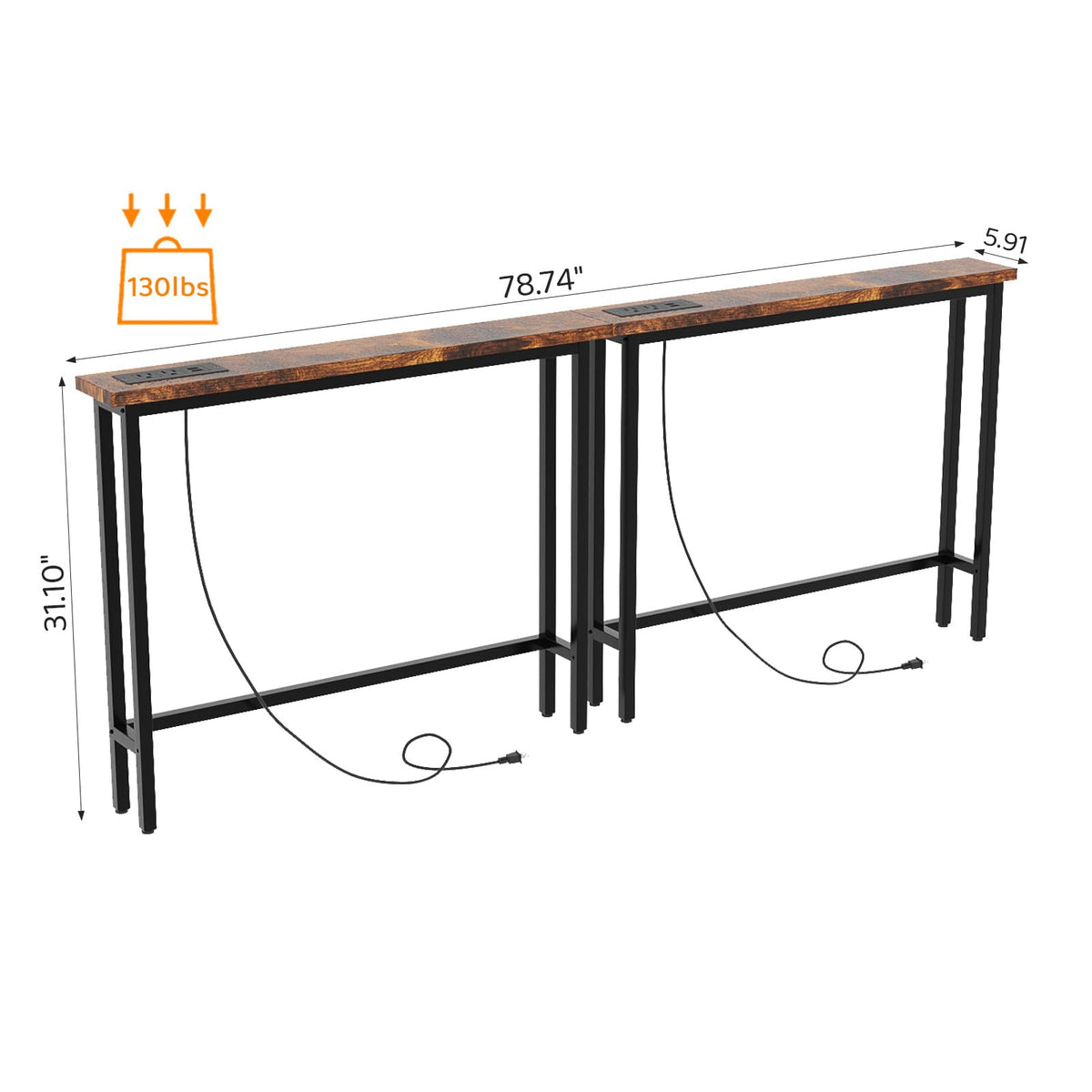 Rustic Brown Narrow Console Table with Power Outlet 2 Pack D2944