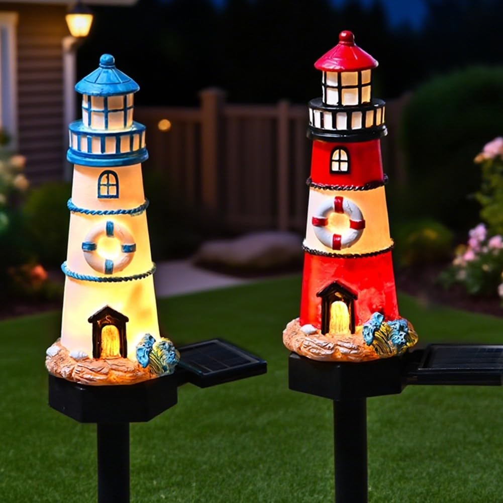 Solar Powered LED Lighthouse Light Outdoor Garden Waterproof Resin Automatic Sensor H5663