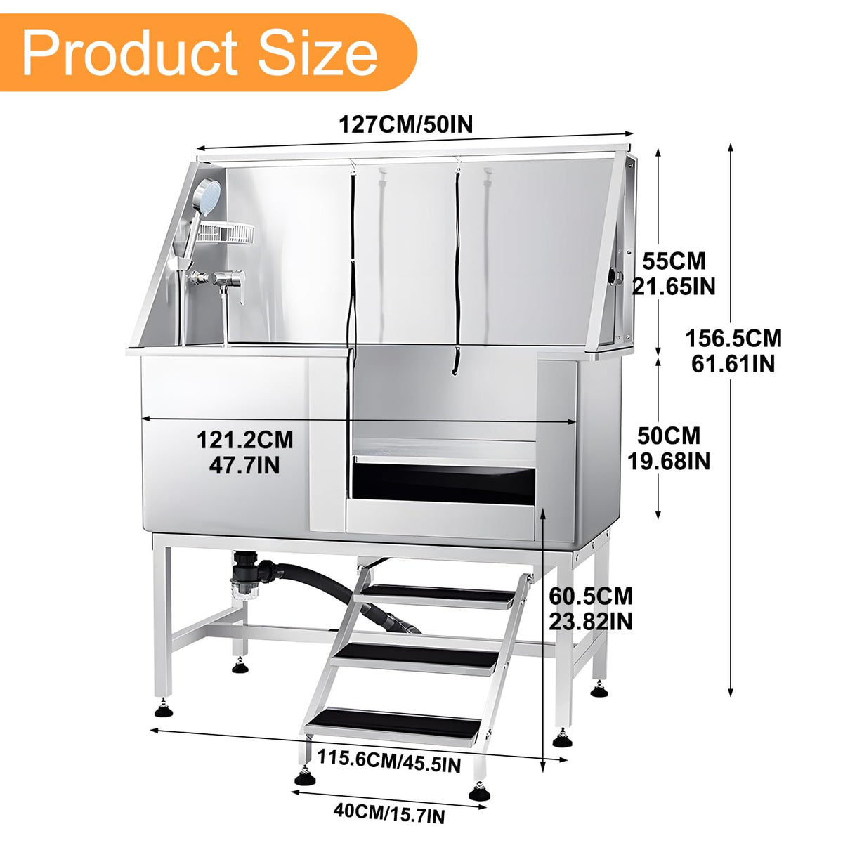 Stainless Steel 304 Dog Grooming Tub with Stairs and Faucet H360