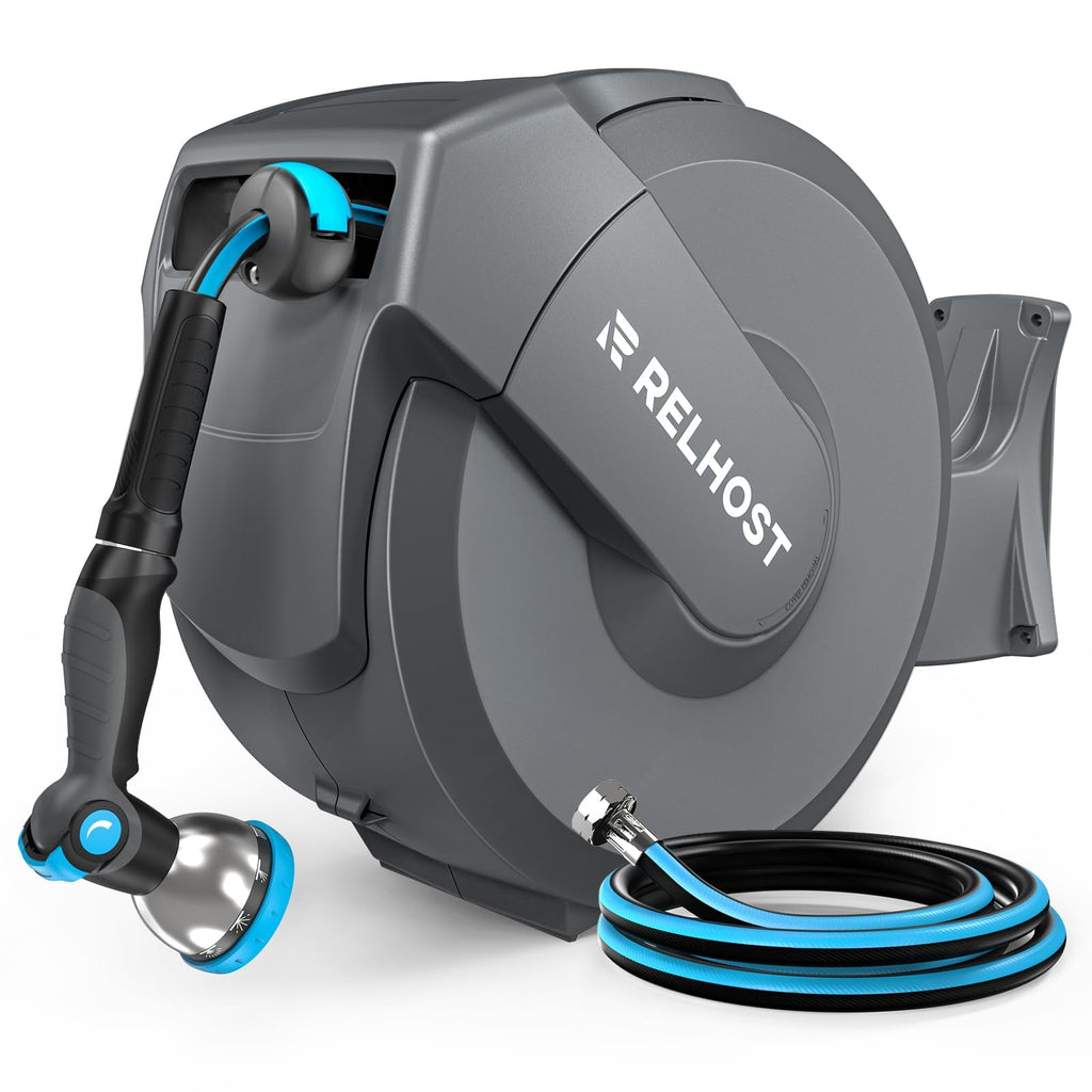 Retractable Garden Hose Reel, 5/8 in x 100 ft Wall Mount Heavy Duty with 10-Pattern Nozzle, Dark Grey V758