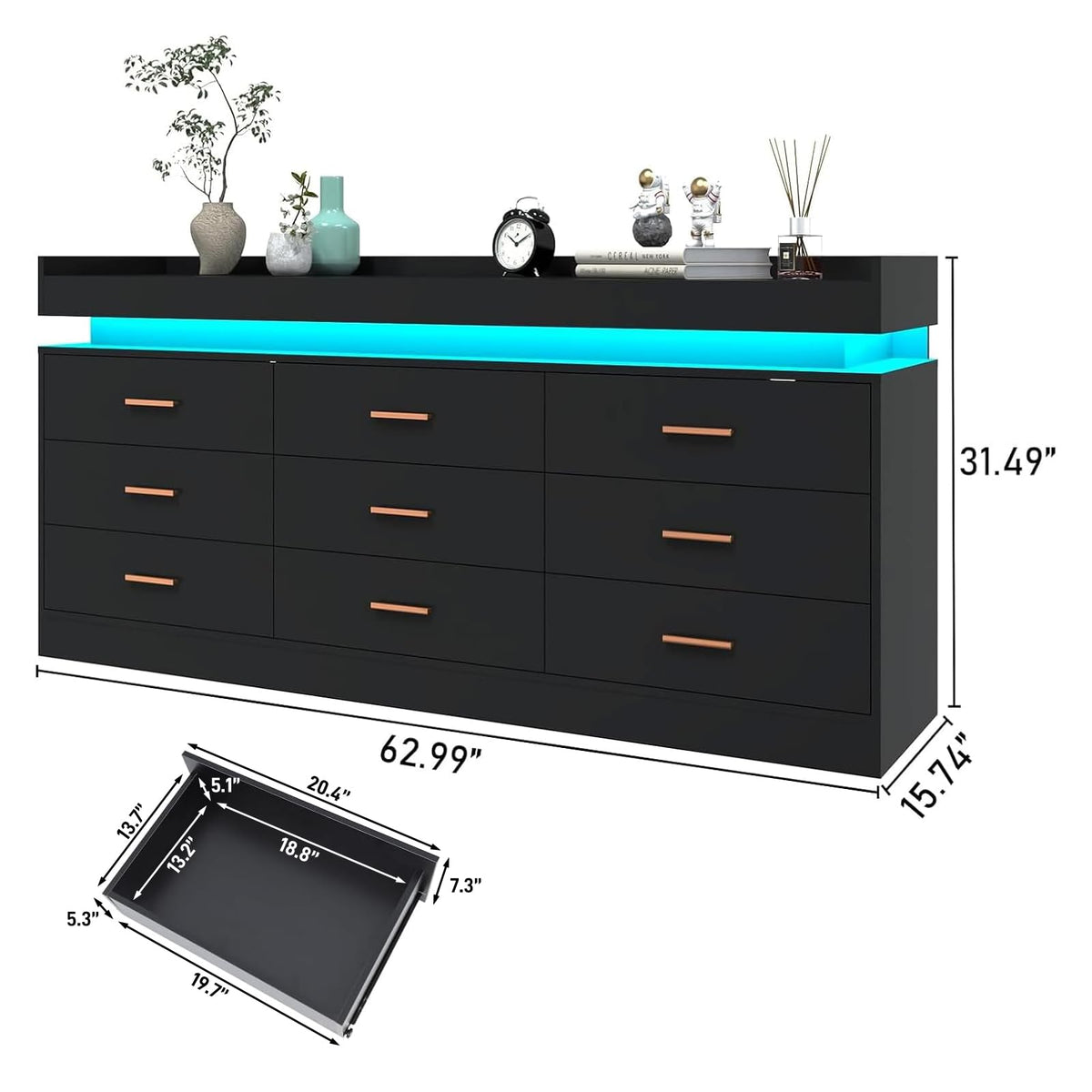9 Drawer Dresser with LED Light and Charging Station H940