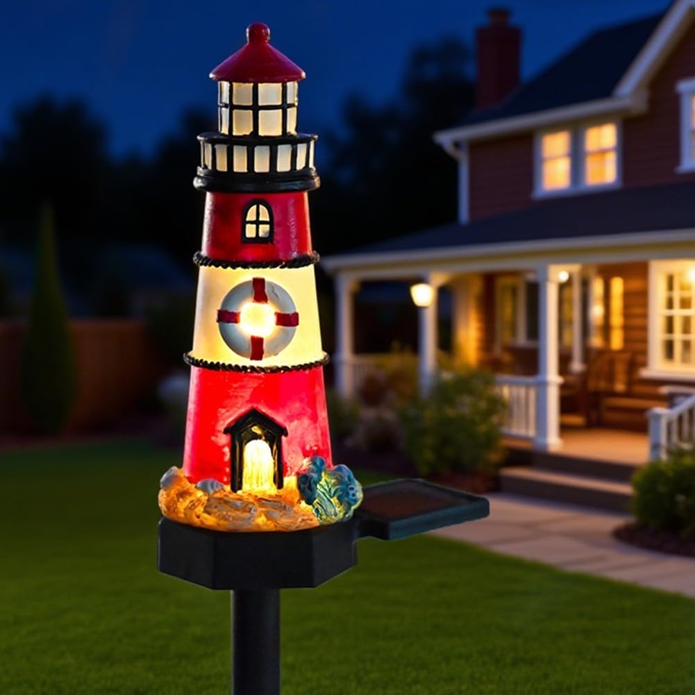 Solar Powered LED Lighthouse Light Outdoor Garden Waterproof Resin Automatic Sensor H5663