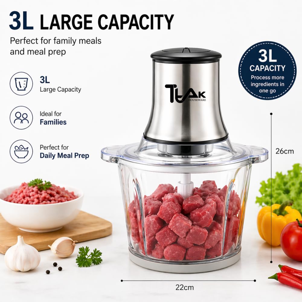 Electric Food Chopper with 3L Glass Bowl, 300W Motor, 4 Blades K31174
