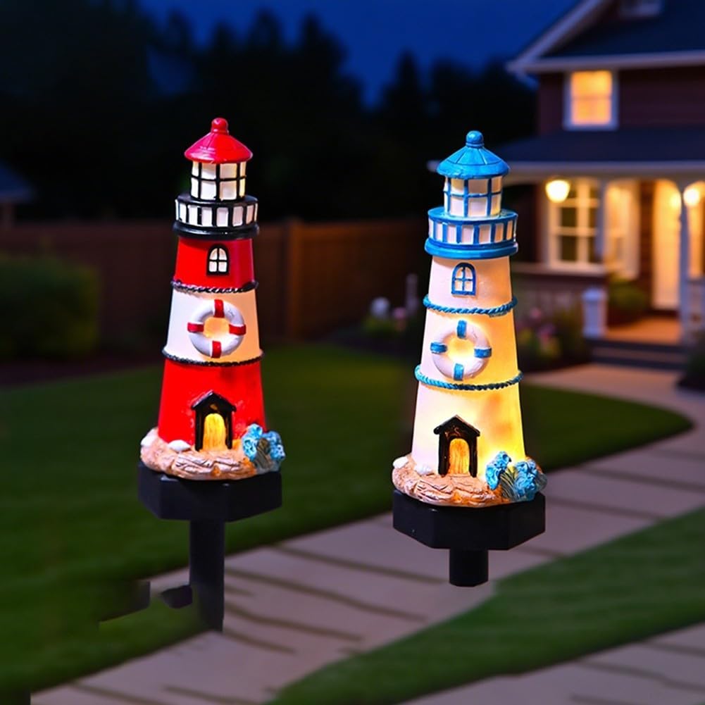Solar Powered LED Lighthouse Light Outdoor Garden Waterproof Resin Automatic Sensor H5663