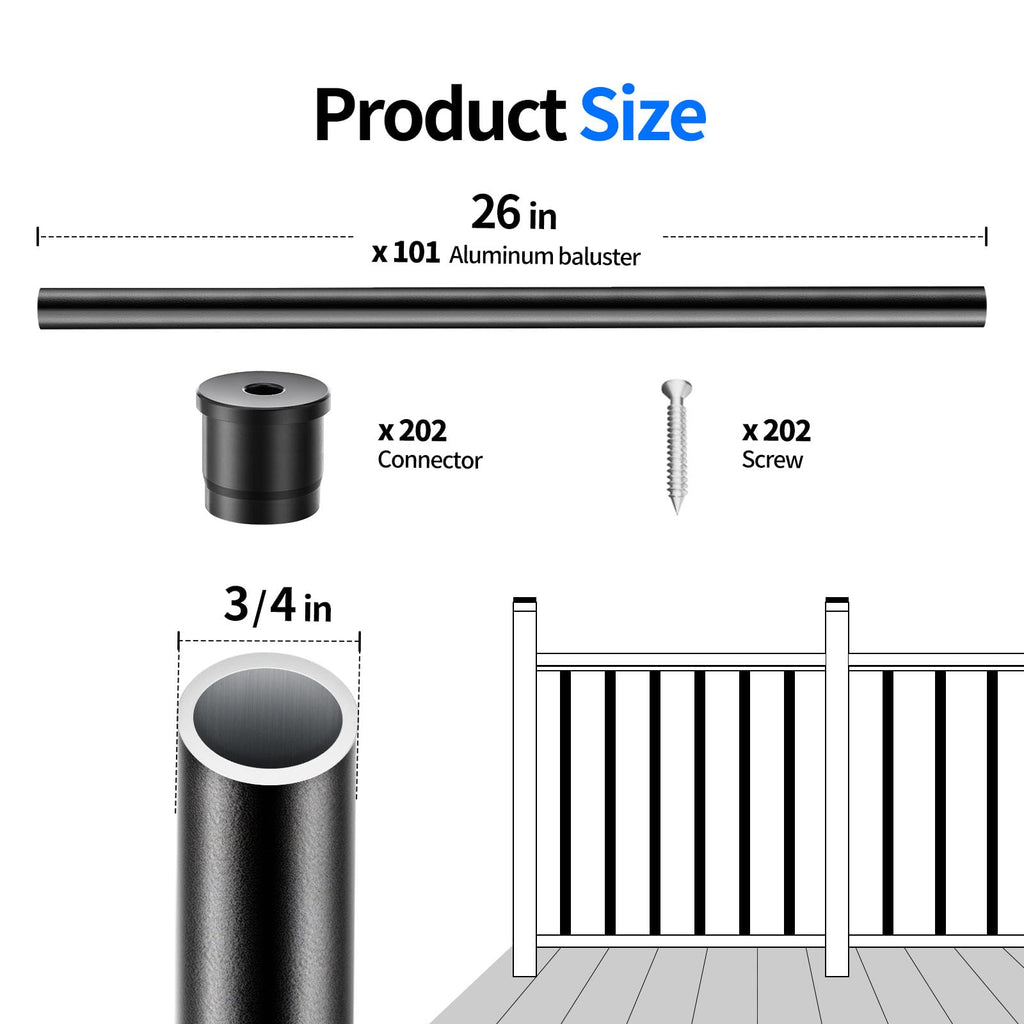 101 Pack 26" x 3/4" Black Round Aluminum Balusters B500