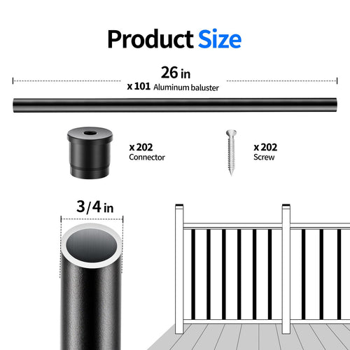 101 Pack 26" x 3/4" Black Round Aluminum Balusters B500