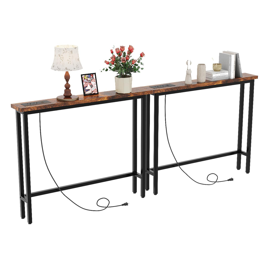 Rustic Brown Narrow Console Table with Power Outlet 2 Pack D2944