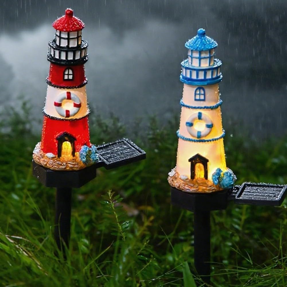 Solar Powered LED Lighthouse Light Outdoor Garden Waterproof Resin Automatic Sensor H5663
