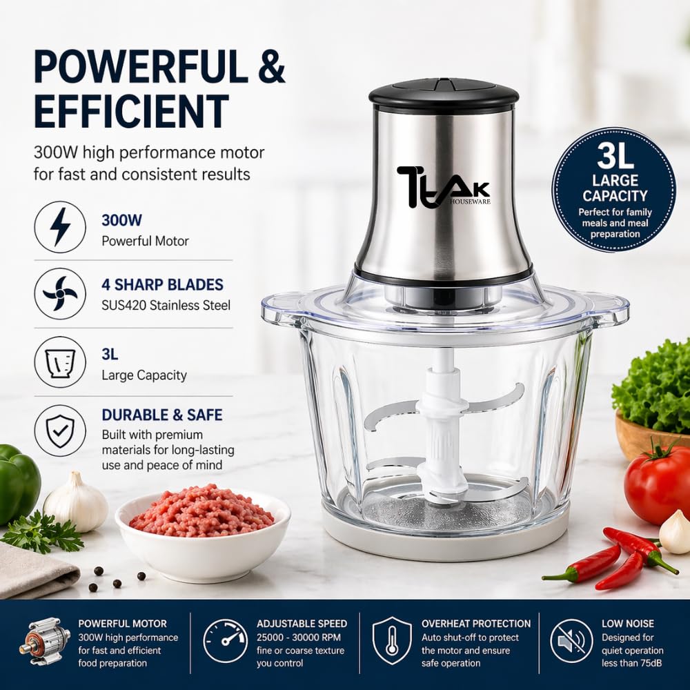 Electric Food Chopper with 3L Glass Bowl, 300W Motor, 4 Blades K31174