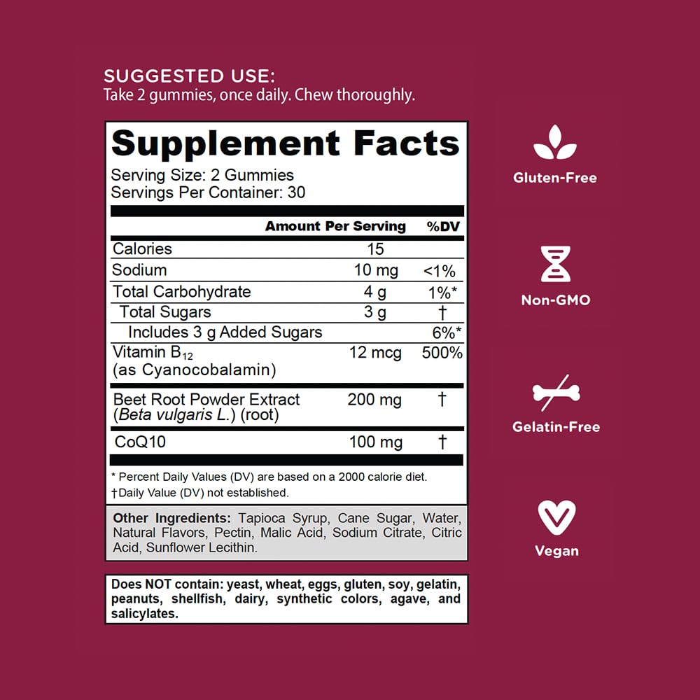 Beets Cardio Gummy 60 Count CoQ10 Beet Root Extract Vegan Gluten-Free E698147