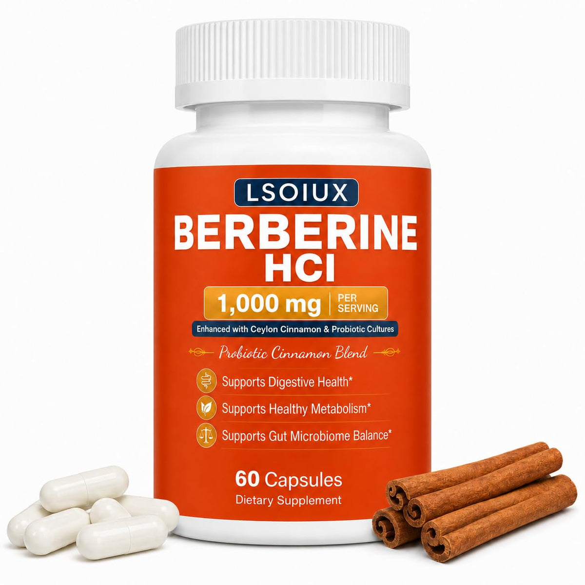 Berberine HCl 1000 mg with Ceylon Cinnamon and Probiotic, 60 Capsules U882