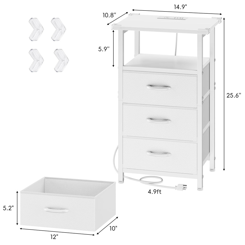 White Nightstand with Charging Station and 3 Fabric Drawers Q3065