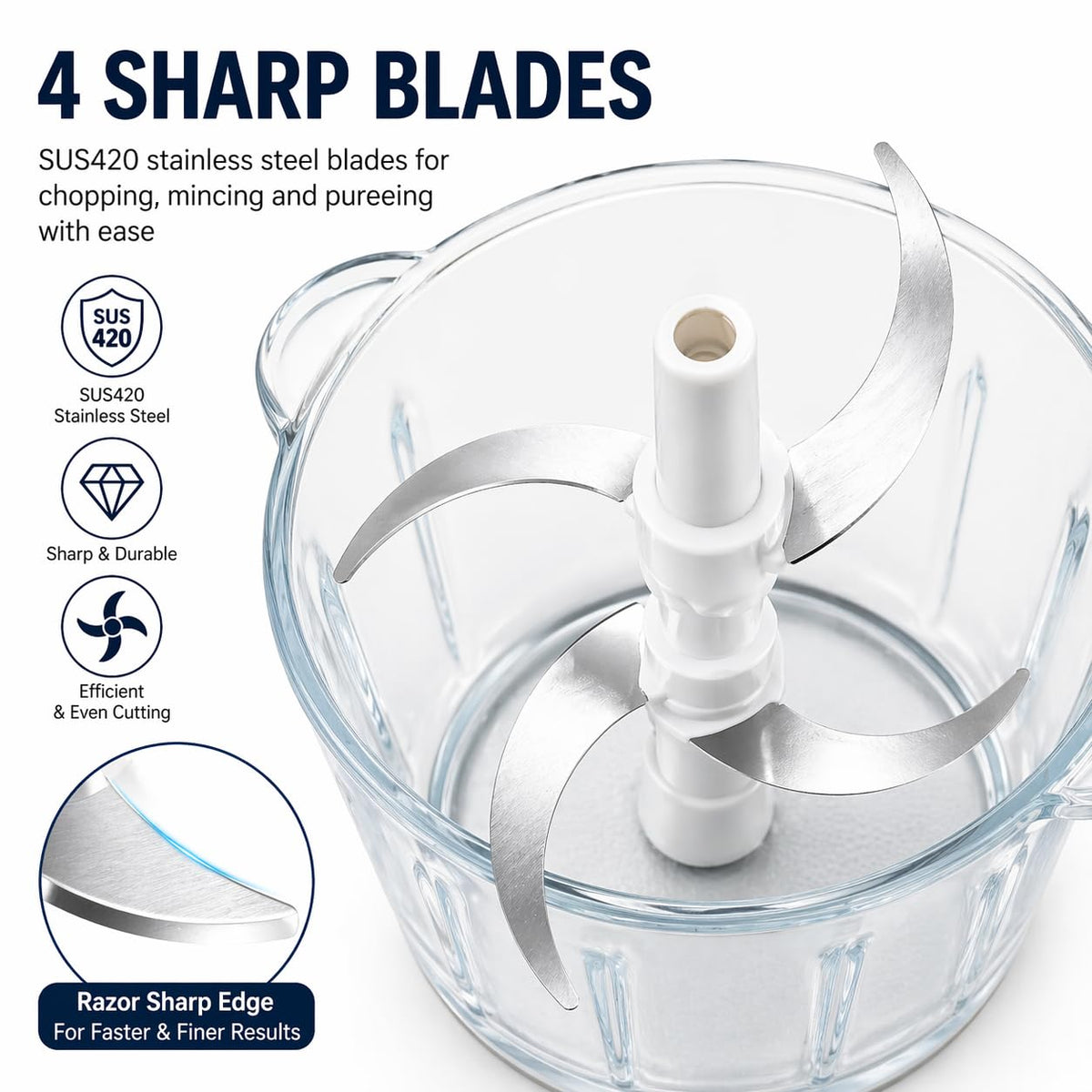 Electric Food Chopper with 3L Glass Bowl, 300W Motor, 4 Blades K31174