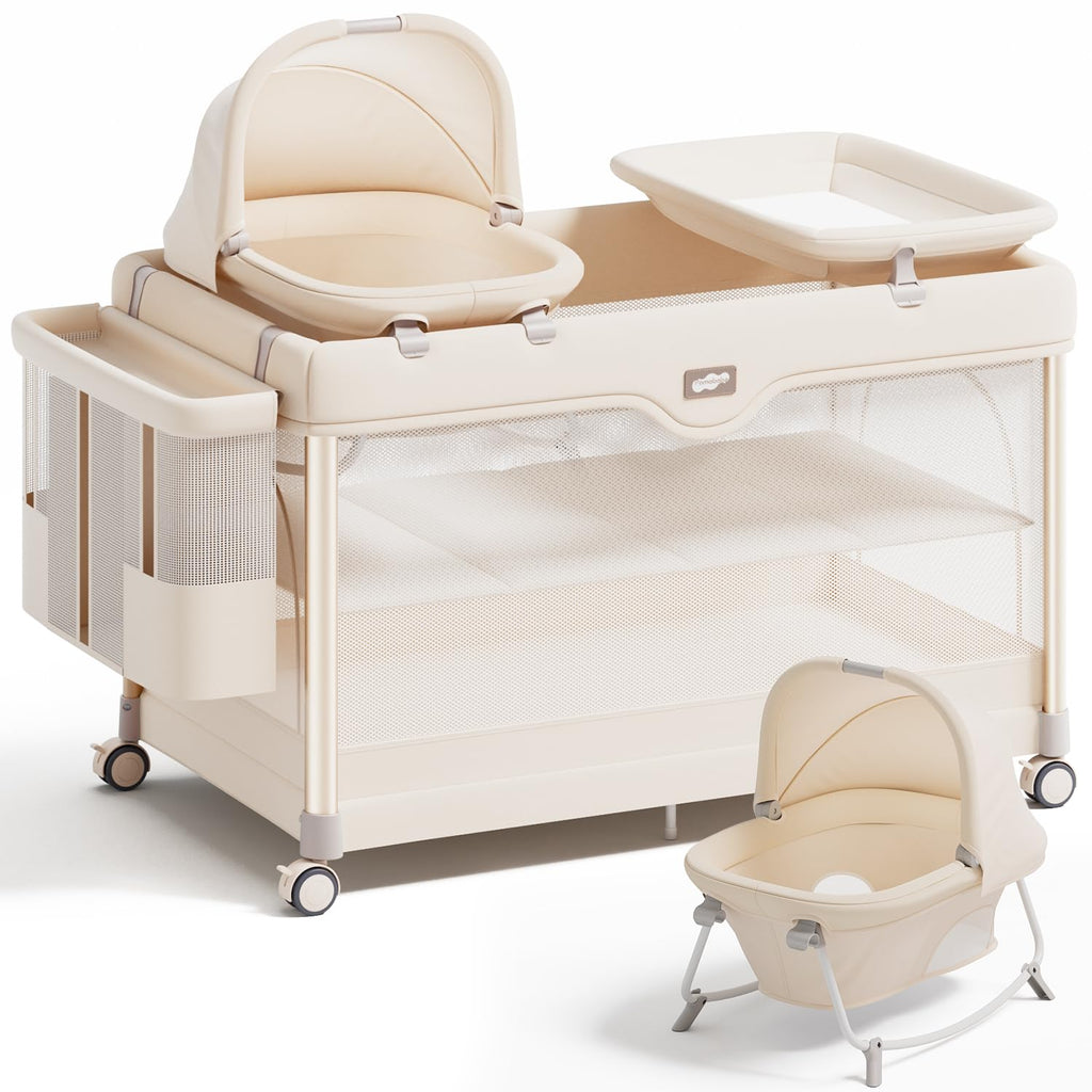 6-in-1 Pack and Play with Bassinet, Portable Playard, Travel Crib with Mattress, Changing Table, Storage Bag & 4 Wheels (Beige) E749358