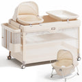 6-in-1 Pack and Play with Bassinet, Portable Playard, Travel Crib with Mattress, Changing Table, Storage Bag & 4 Wheels (Beige) E749358