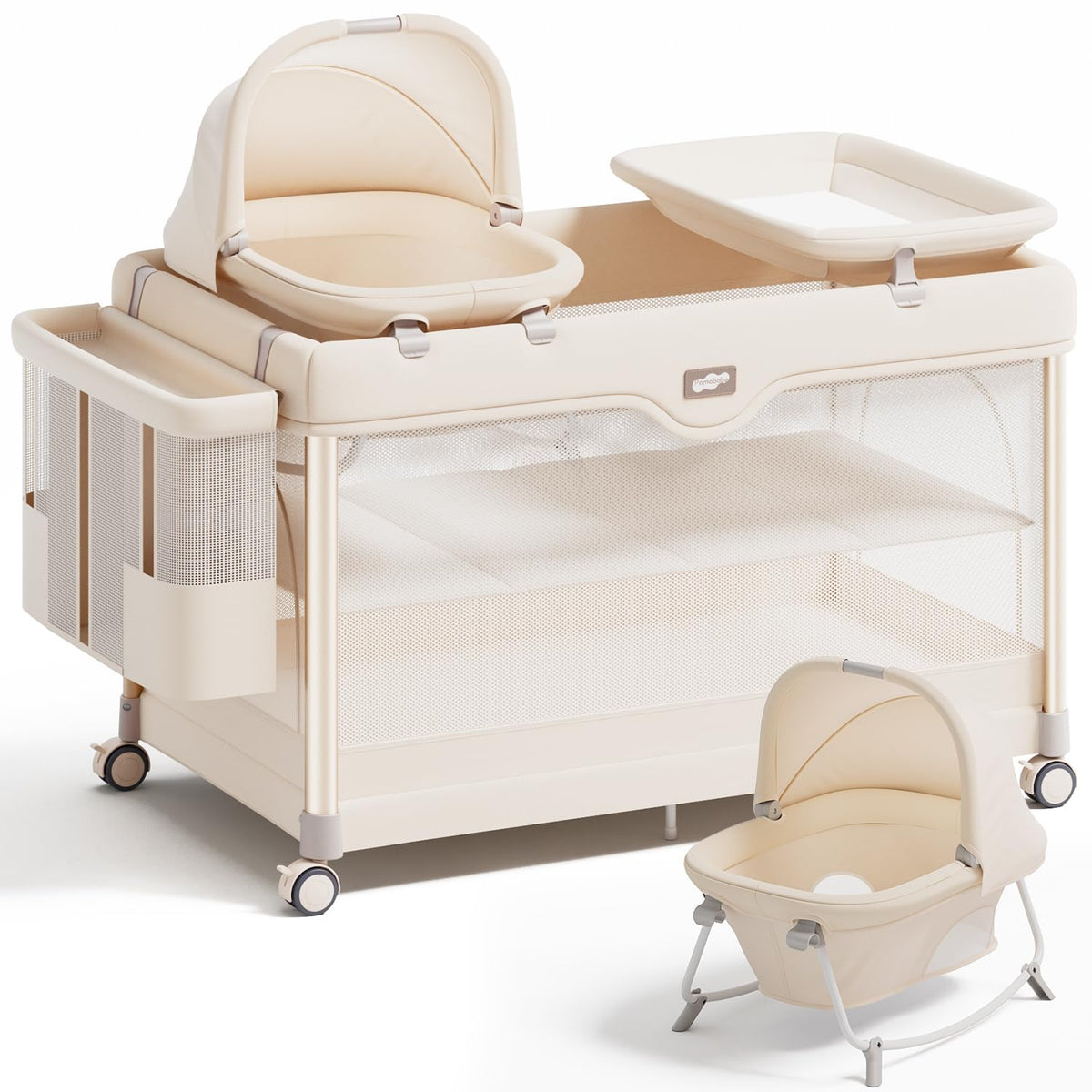 6-in-1 Pack and Play with Bassinet, Portable Playard, Travel Crib with Mattress, Changing Table, Storage Bag & 4 Wheels (Beige) E749358
