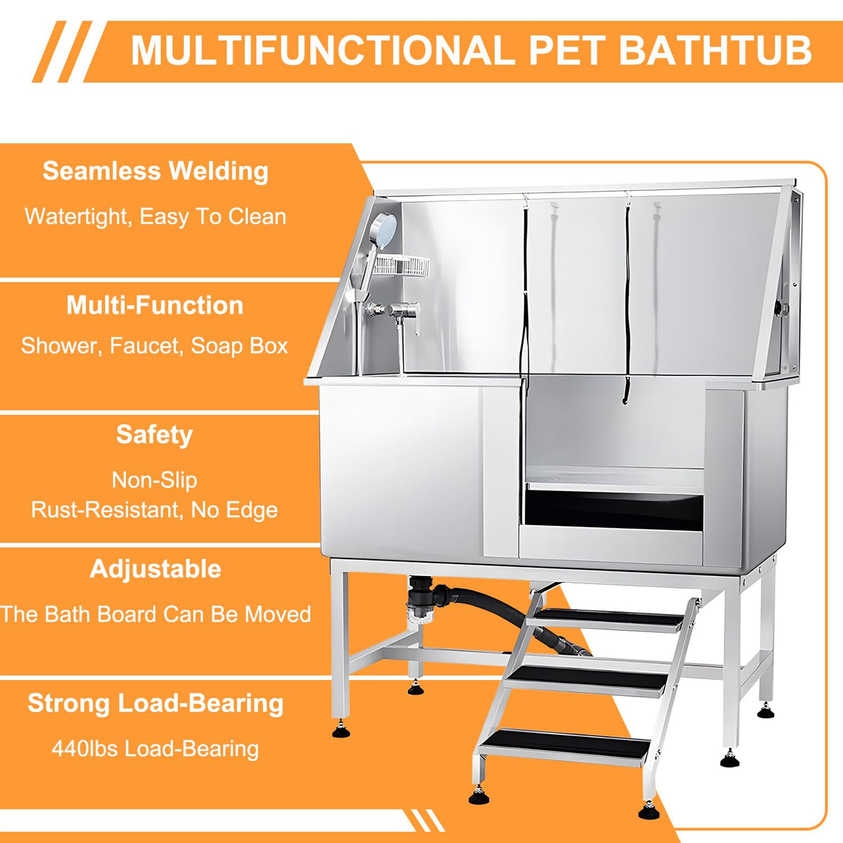 Stainless Steel 304 Dog Grooming Tub with Stairs and Faucet H360