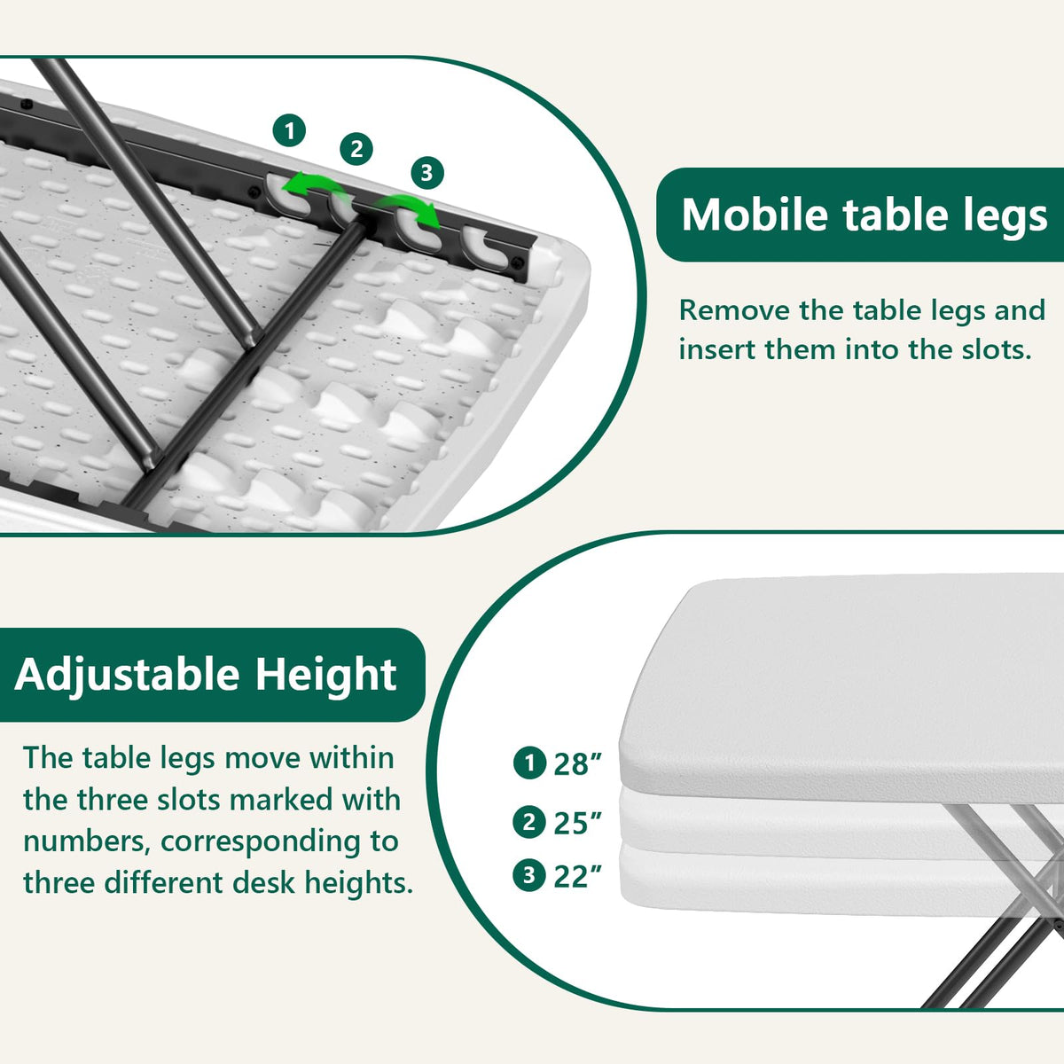 Folding Table 30 Inch Adjustable Height White Granite K81305