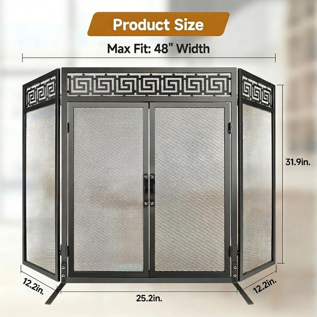 50"x32" Adjustable 3-Panel Fireplace Screen with Doors L95597