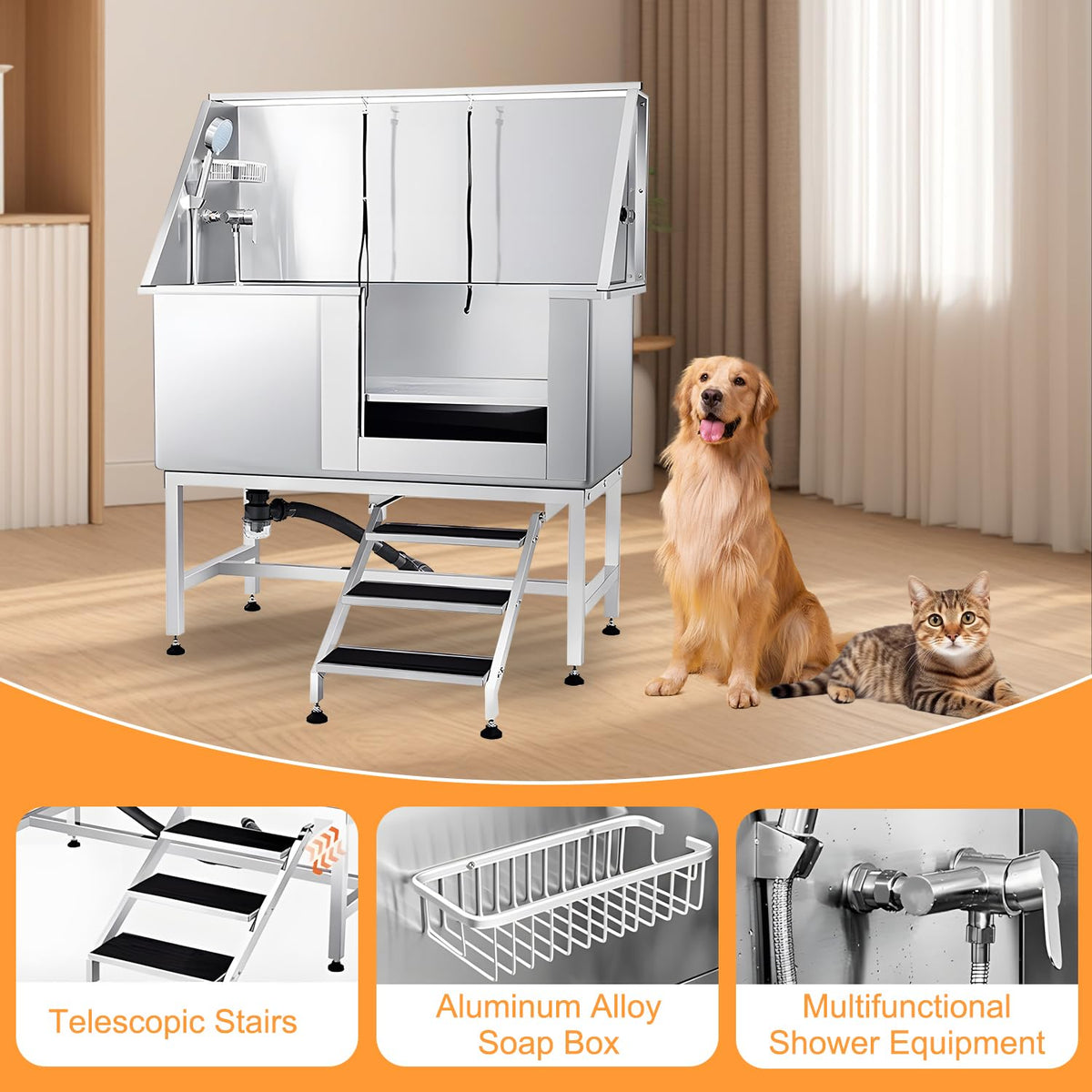 Stainless Steel 304 Dog Grooming Tub with Stairs and Faucet H360