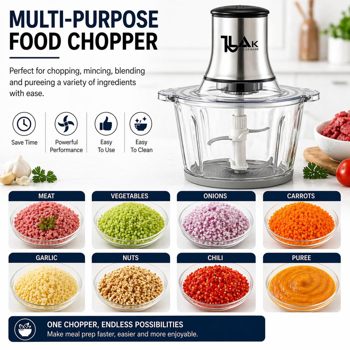 Electric Food Chopper with 3L Glass Bowl, 300W Motor, 4 Blades K31174