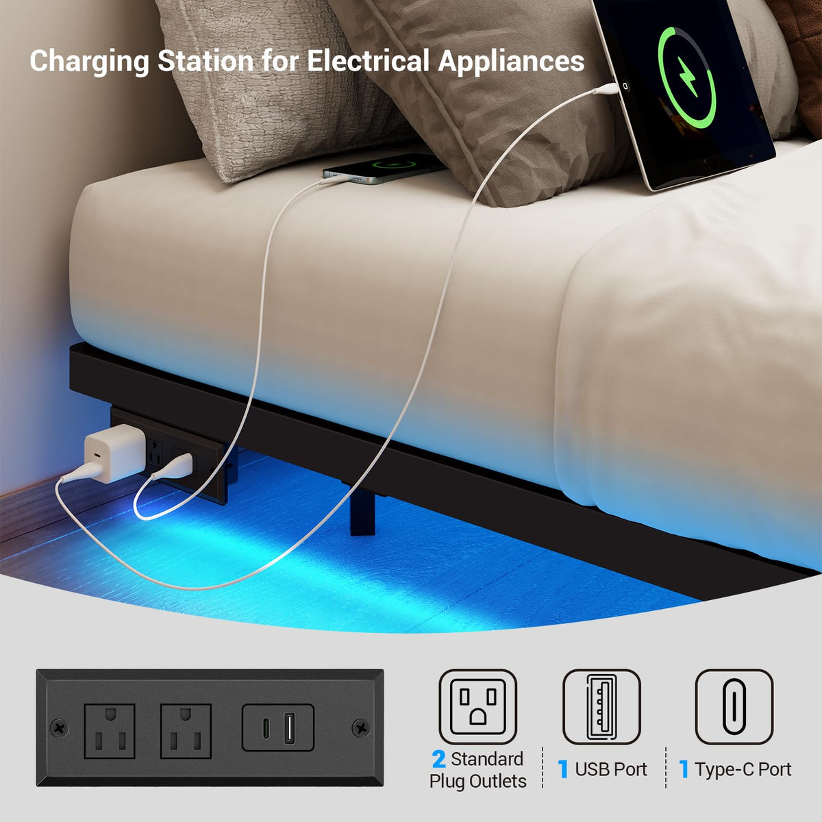 Full Size Metal Platform Bed Frame with LED Lights & Charging Station U8058