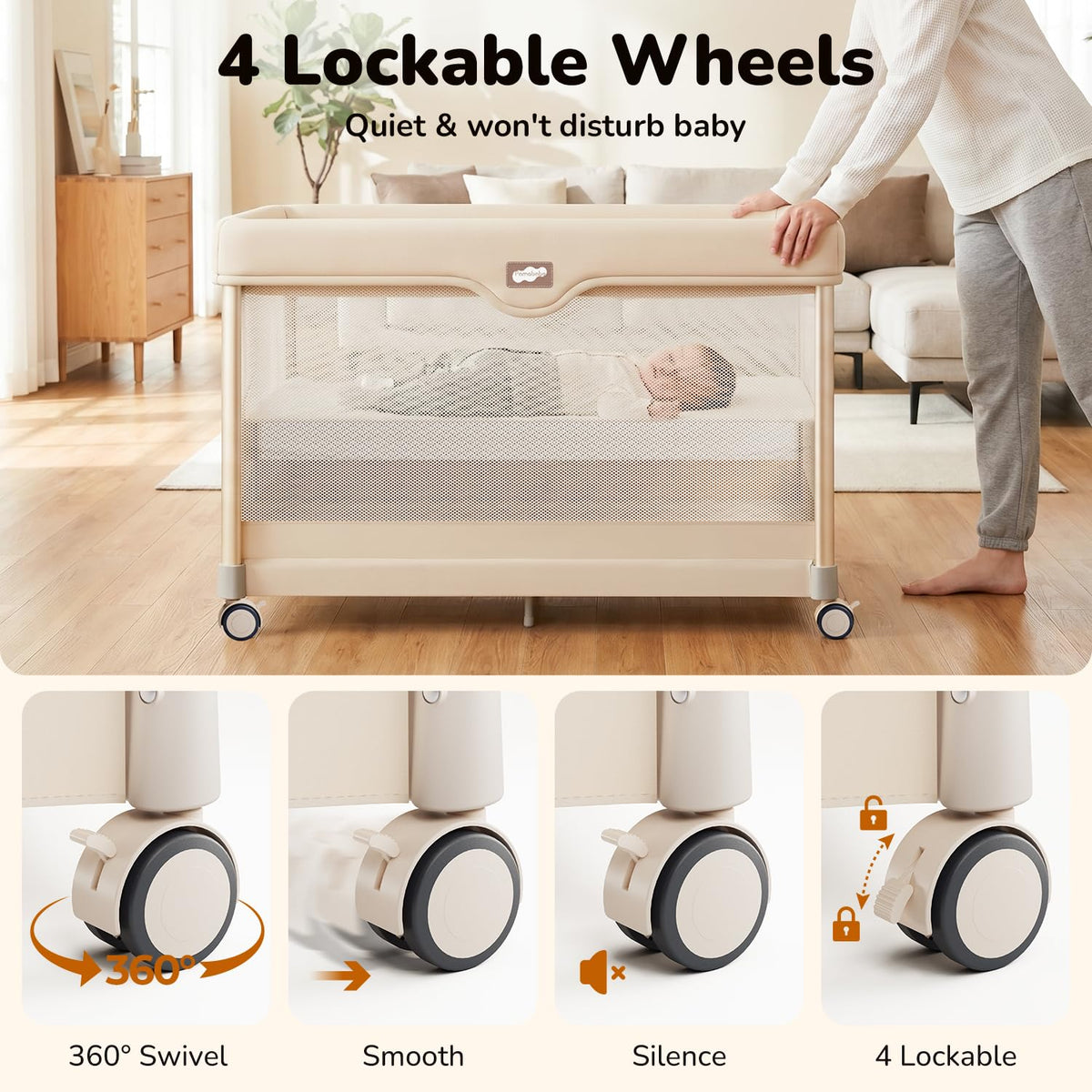 6-in-1 Pack and Play with Bassinet, Portable Playard, Travel Crib with Mattress, Changing Table, Storage Bag & 4 Wheels (Beige) E749358