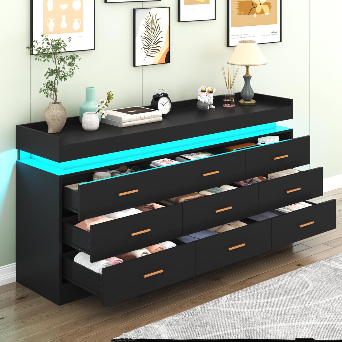 9 Drawer Dresser with LED Light and Charging Station H940