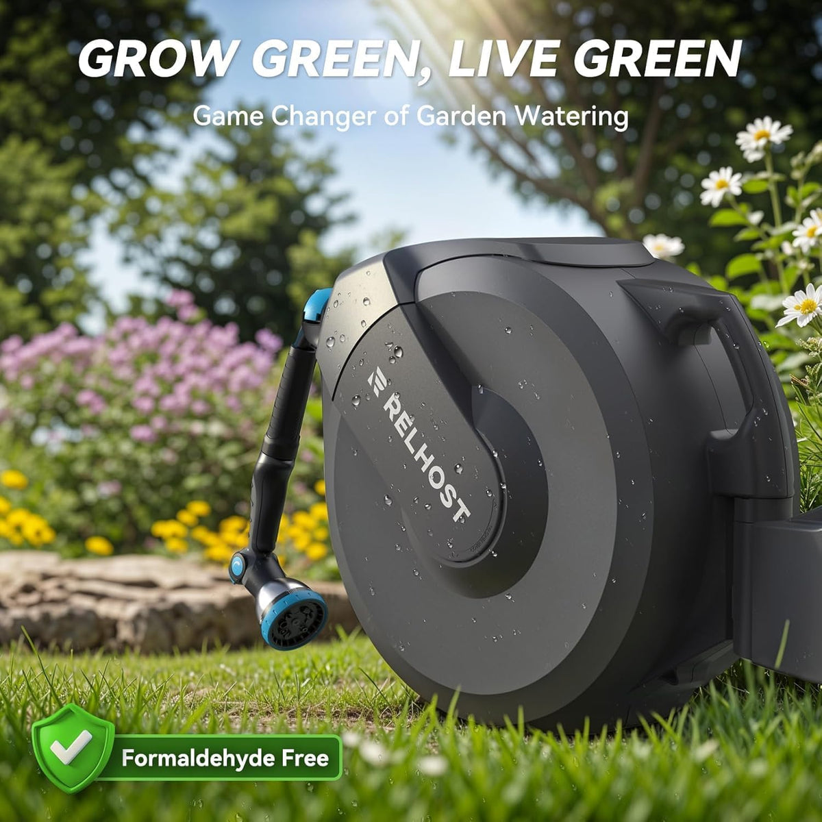 Retractable Garden Hose Reel, 5/8 in x 100 ft Wall Mount Heavy Duty with 10-Pattern Nozzle, Dark Grey V758