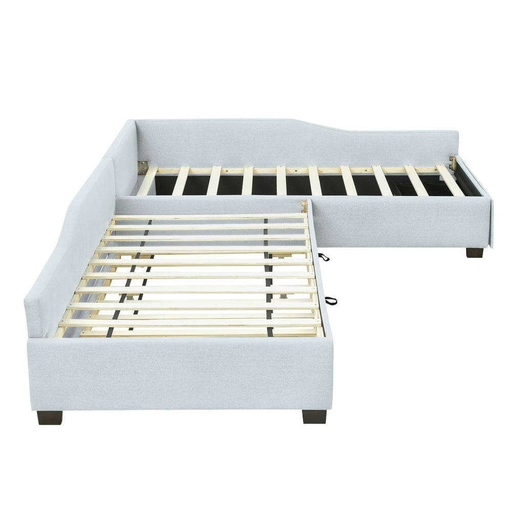 Beige Linen Upholstered Double Twin Size Daybed with Trundle and Drawer W26410