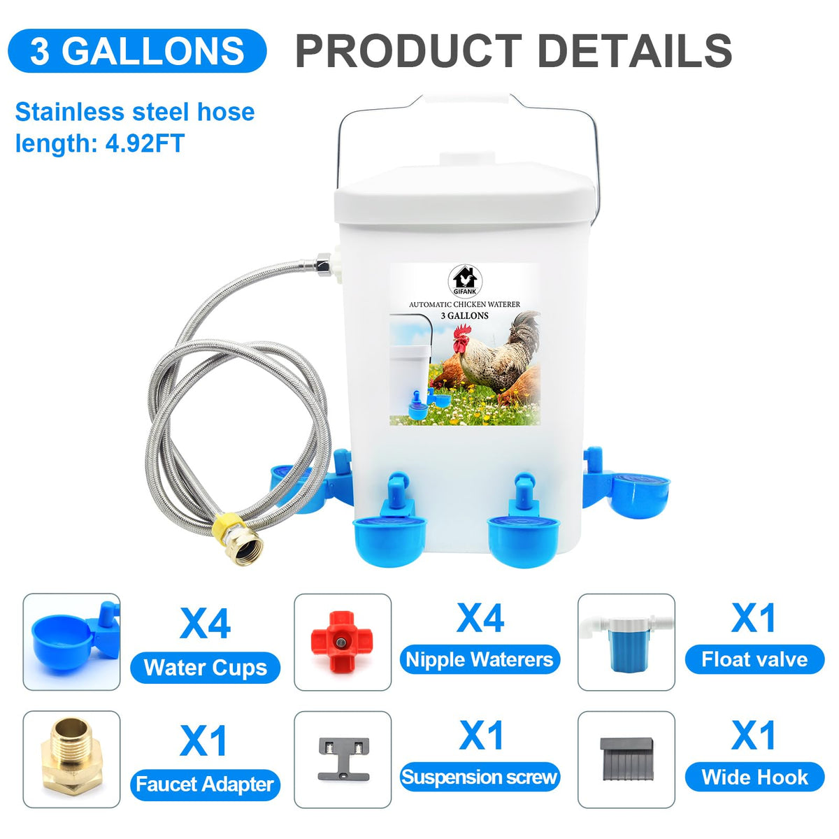 3 Gallons Automatic Poultry Waterer with Hose Attachment R255