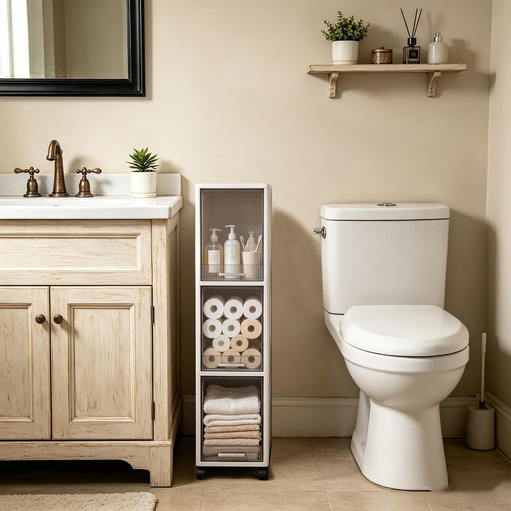 Narrow 3 Tier Bathroom Storage Cabinet with Wheels Q95094
