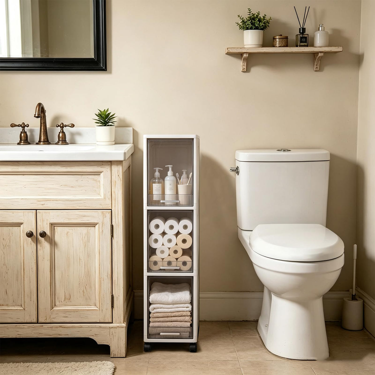 Narrow 3 Tier Bathroom Storage Cabinet with Wheels Q95094