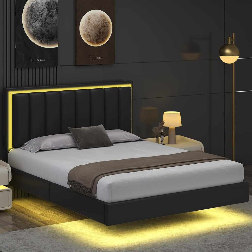Black Full Size Floating Bed Frame with LED Lights B99623