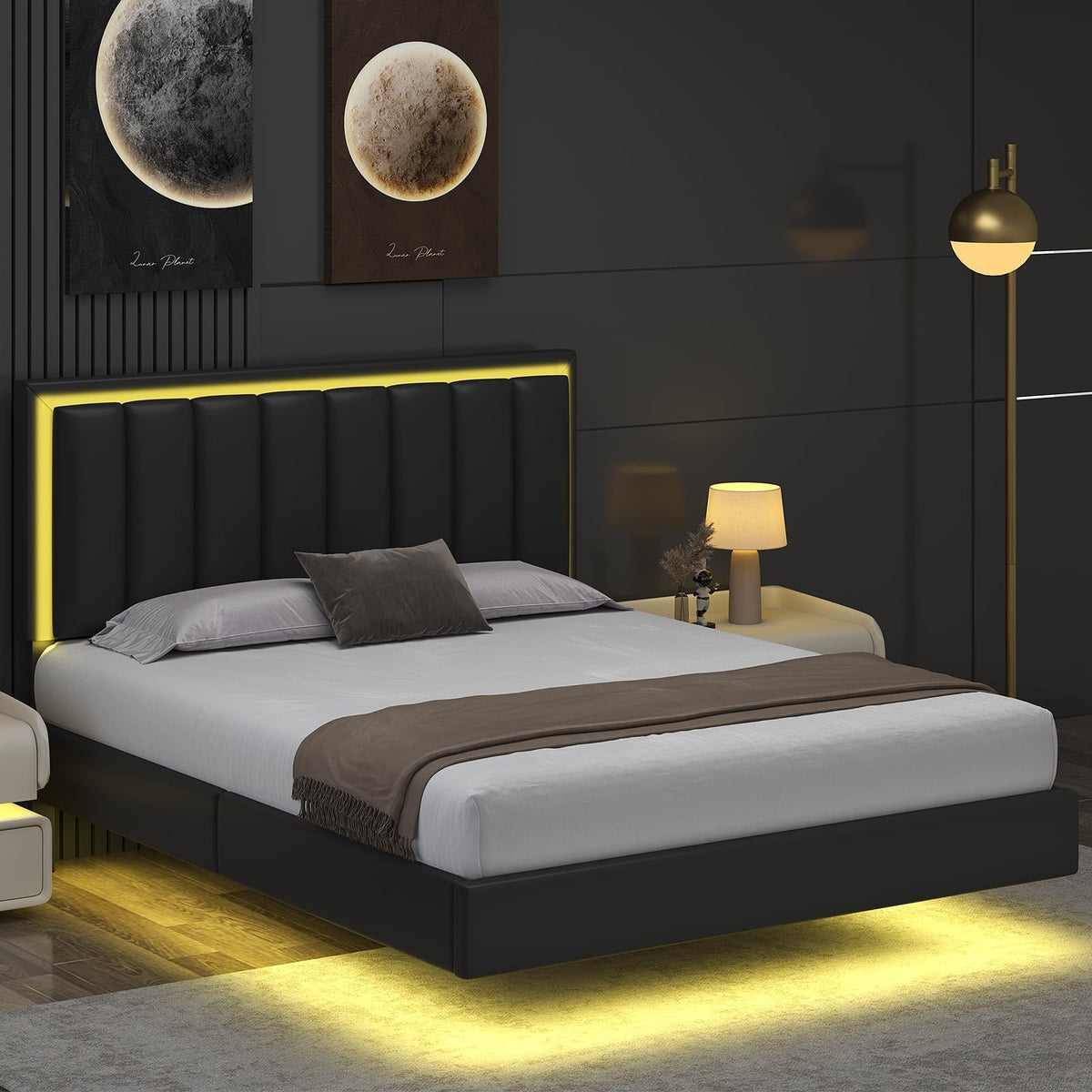 Black Full Size Floating Bed Frame with LED Lights B99623