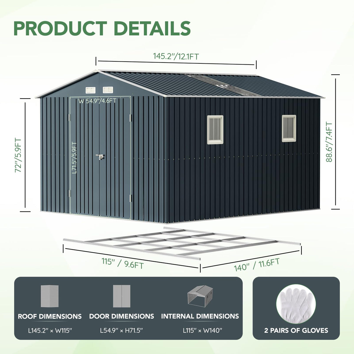 10x12X7.5FT Outdoor Steel Storage Shed with Lockable Doors and Frame Floor D524561
