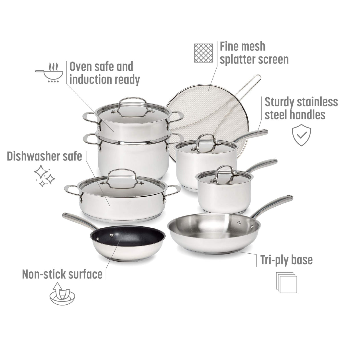 12-Piece Stainless Steel Cookware Set with Non Stick Frying Pan S4397
