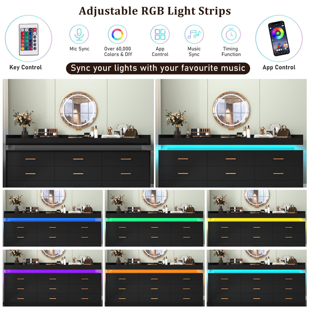 9 Drawer Dresser with LED Light and Charging Station H940