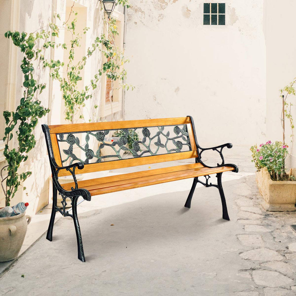 Outdoor Garden Bench with Rose Cast Backrest and Metal Legs K458