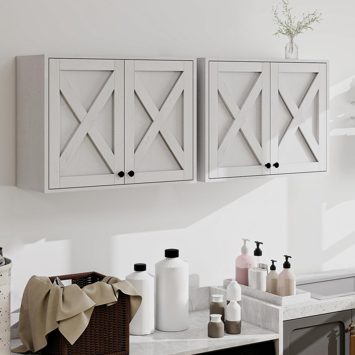 White Wall Mounted Laundry Room Cabinets W384