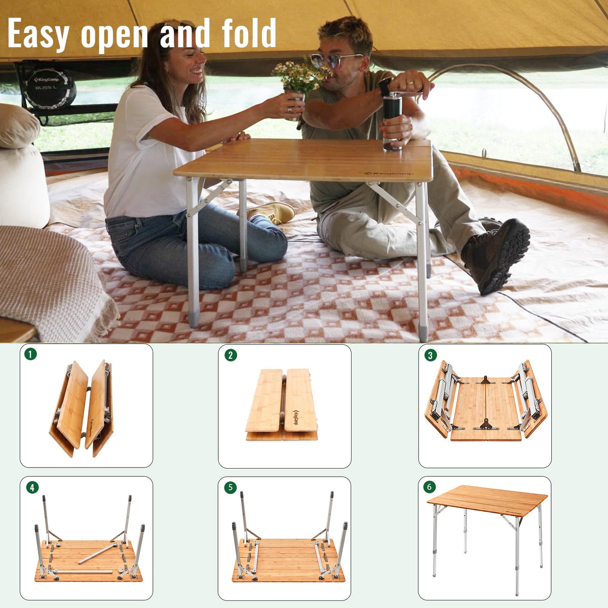 Folding Camping Table Bamboo Adjustable Portable Table U454804