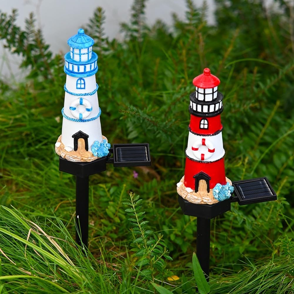 Solar Powered LED Lighthouse Light Outdoor Garden Waterproof Resin Automatic Sensor H5663