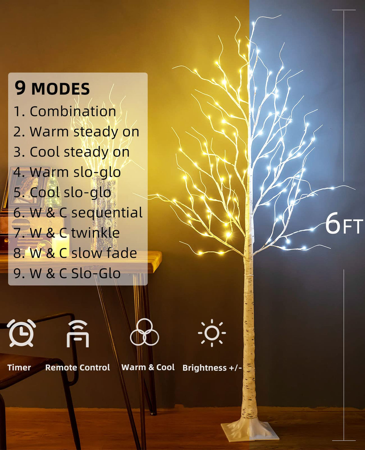 6ft 96LED Lighted Artificial Birch Tree with 9 Modes Timer F498