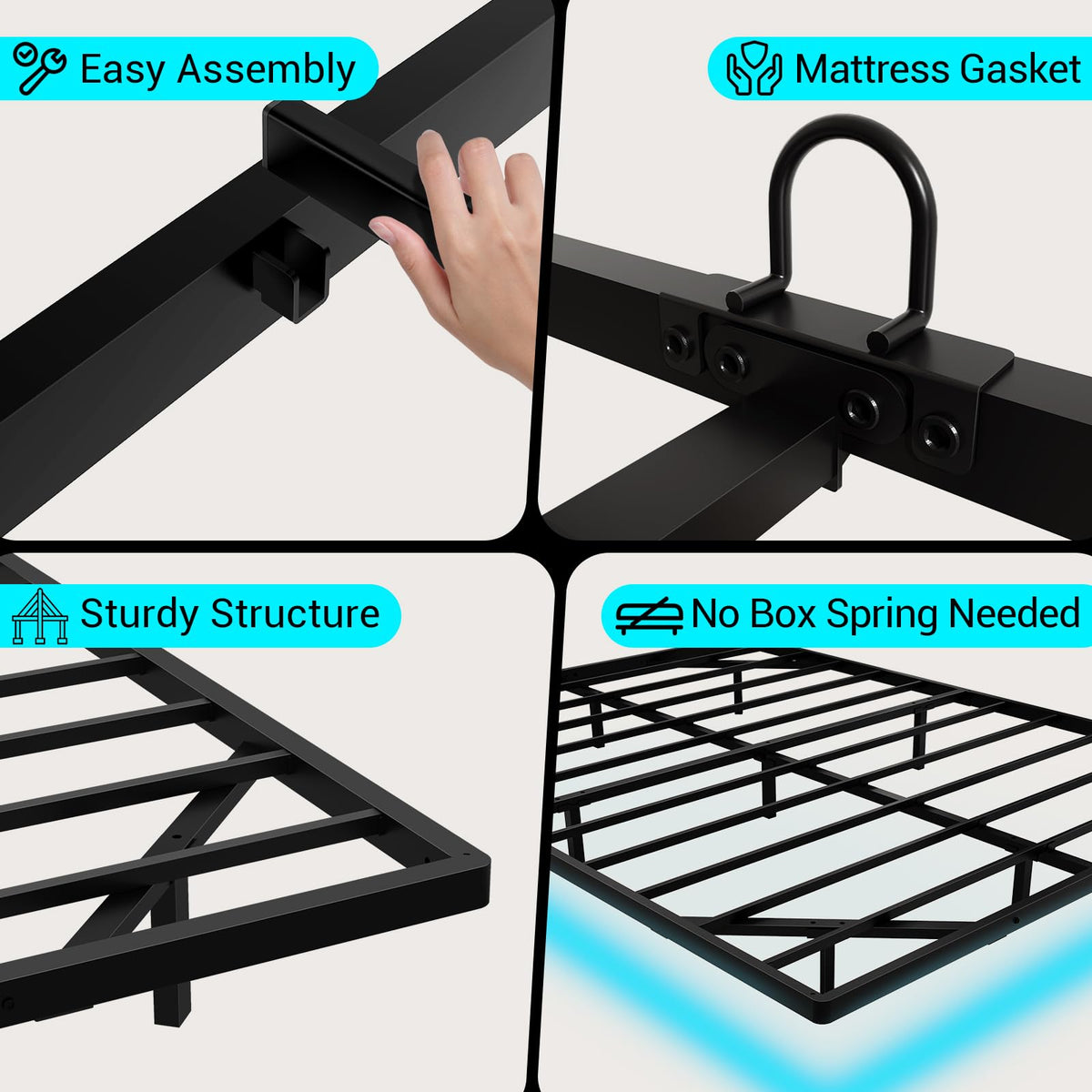 Full Size Metal Platform Bed Frame with LED Lights & Charging Station U8058